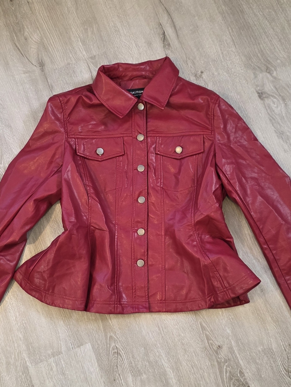 Women’s L.A. Coatlation Red Faux Leather Peplum-Style Button Jacket Size Large